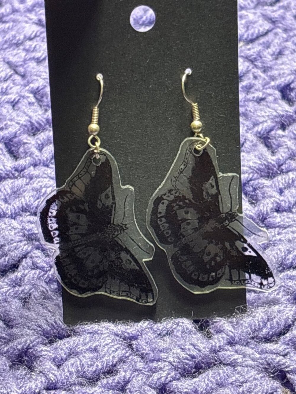 Black Clear Butterfly Plastic Dangle Earrings Silvertone Hooks 2 inches